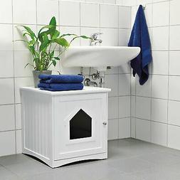Wooden Cat Home & Litter Box, White  Sweet Barks Nightstand 